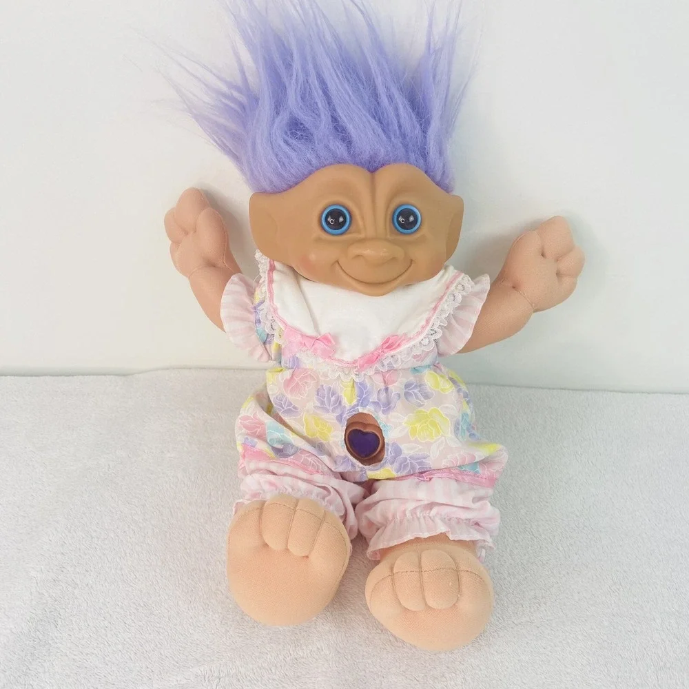 Vintage Ace Novelty Treasure Trolls Doll Purple Hair Purple Gem Jewel Belly